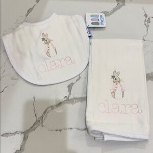 3Marthas Bib & Burp Set w/ Clara & Bunny Embroidery NWT